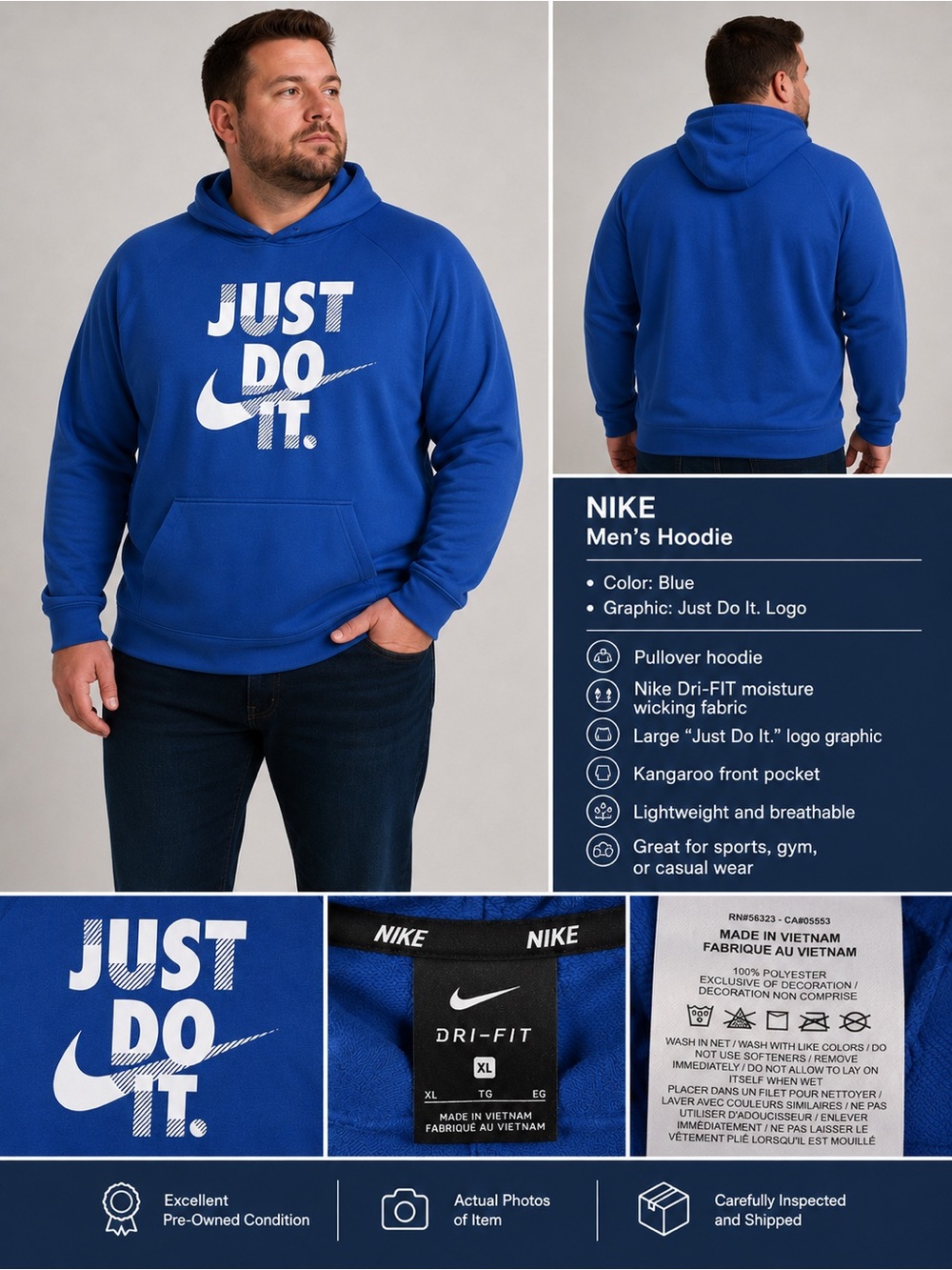 Nike Dri-FIT Just Do It Blue Pullover Hoodie Men’s XL